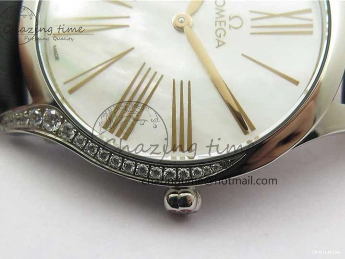 0410 StreetReady Ladies’ De Ville Trésor Diamond SS 3AF 1:1 Best Edition White MOP Dial RG Markers On Black Fabric strap Swiss Quartz 7884